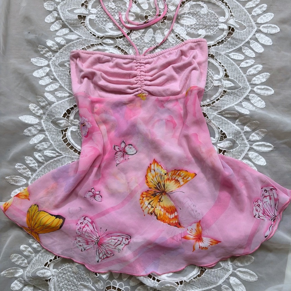 Y2K Babydoll Xi Pink Butterfly Print Halter Cami Ruched Babydoll Top